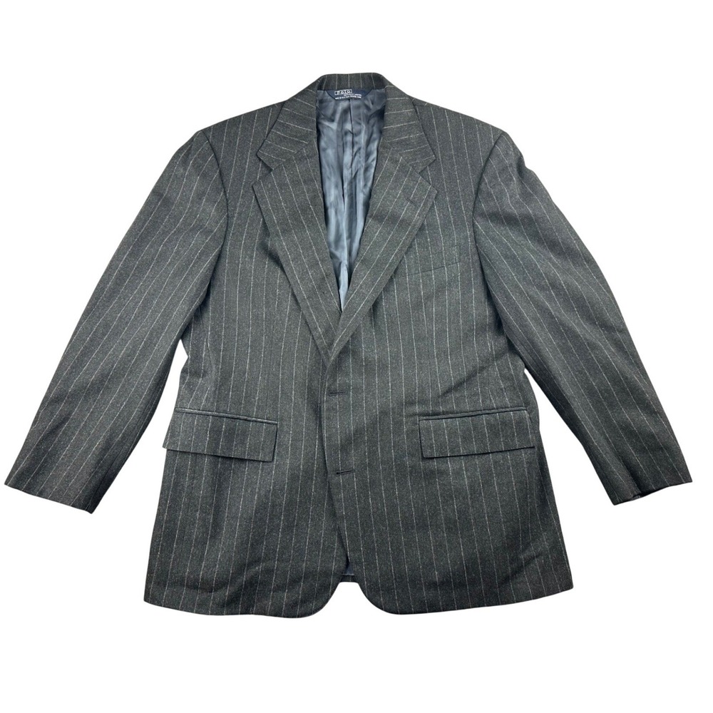 Vintage Polo Ralph Lauren Blazer Suit Jacket 42R Gray Pinstripe Union USA Made